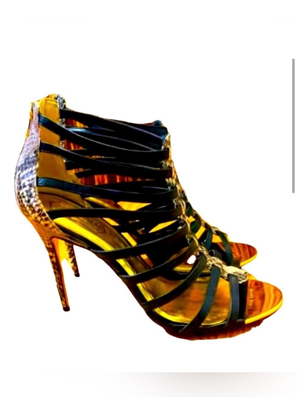 Ted Baker Black Strappy Heeled Sandals with Snake-Print Heel size 40
